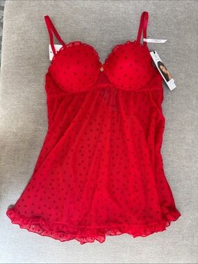Daisy Fuentes Red Sheer Heart-Detail Babydoll Chemise